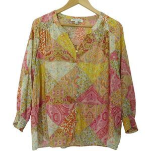 Rose + Olive Womens Top Floral Ivory Print 3/4 Sleeves‎ Pintuck Size Large